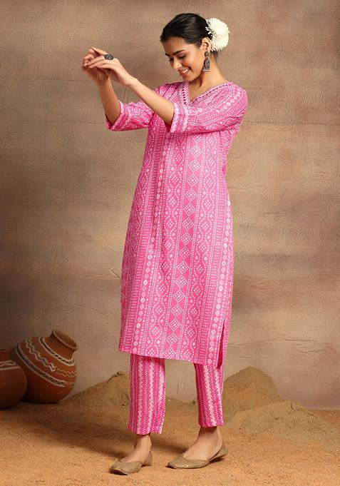Pink Batik Stripe Print Cotton Kurta With Pants And Dupatta (Set of 3)