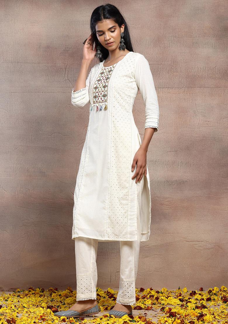 Ivory Mirror Embroidered Schiffli Cotton Kurta With Pants And Dupatta (Set of 3)