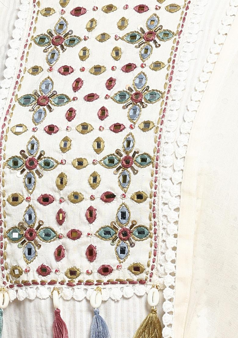 Ivory Mirror Embroidered Schiffli Cotton Kurta With Pants And Dupatta (Set of 3)