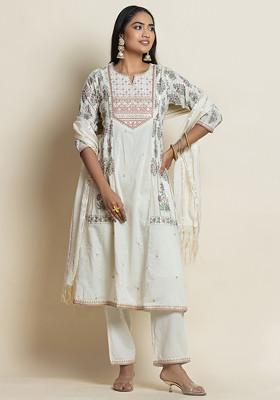 Ivory Mughal Print Cotton A-Line Kurta With Pants And Dupatta (Set of 3)