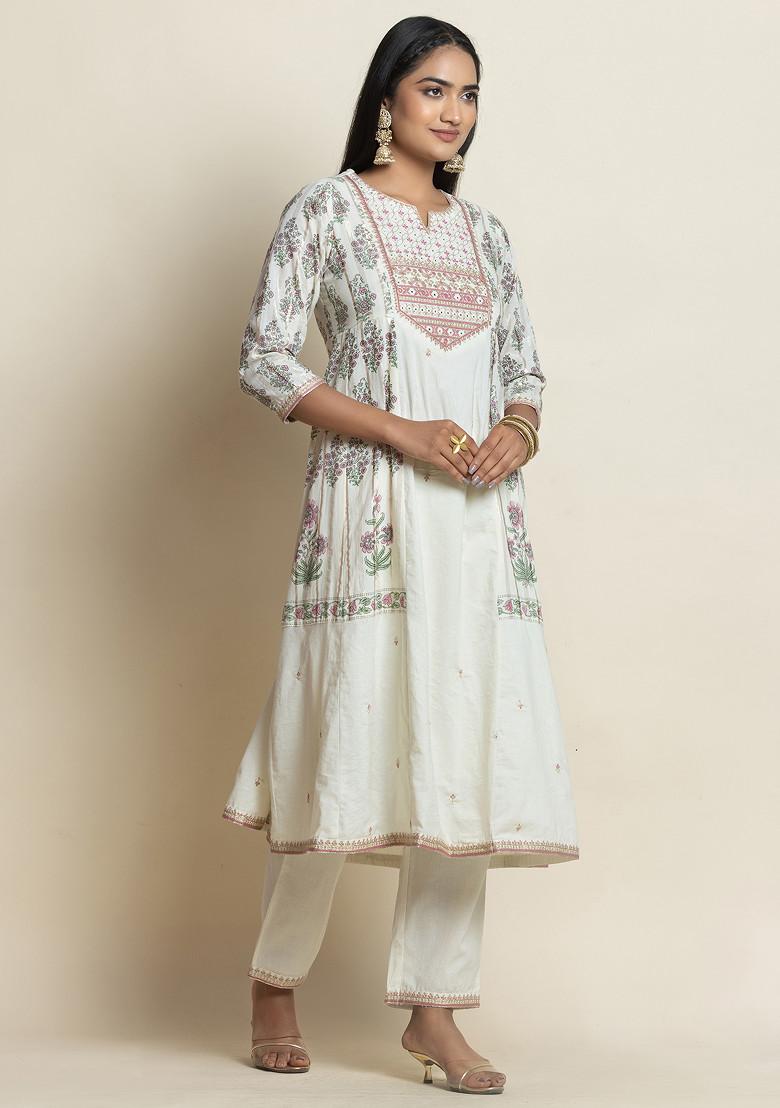 Ivory Mughal Print Cotton A-Line Kurta With Pants And Dupatta (Set of 3)