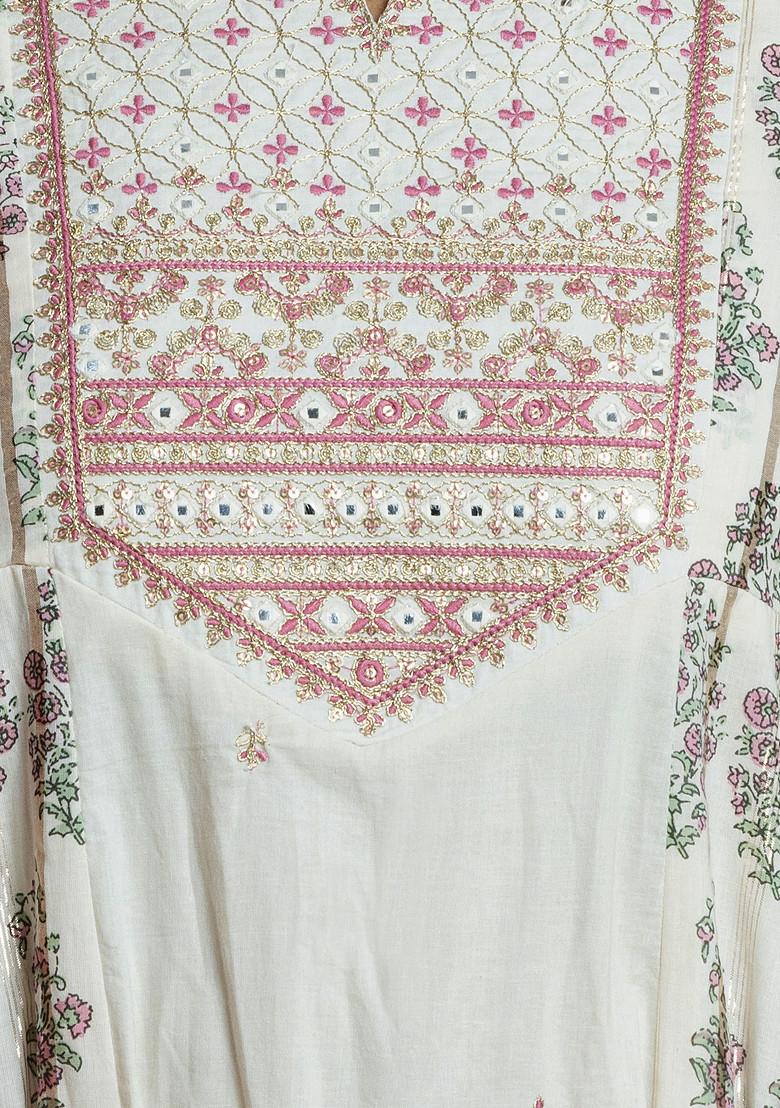 Ivory Mughal Print Cotton A-Line Kurta With Pants And Dupatta (Set of 3)