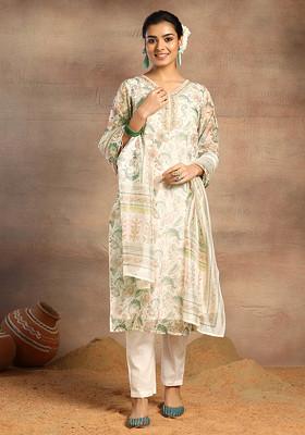 Ivory Floral Print Organza Kurta With Pants And Dupatta (Set of 3)