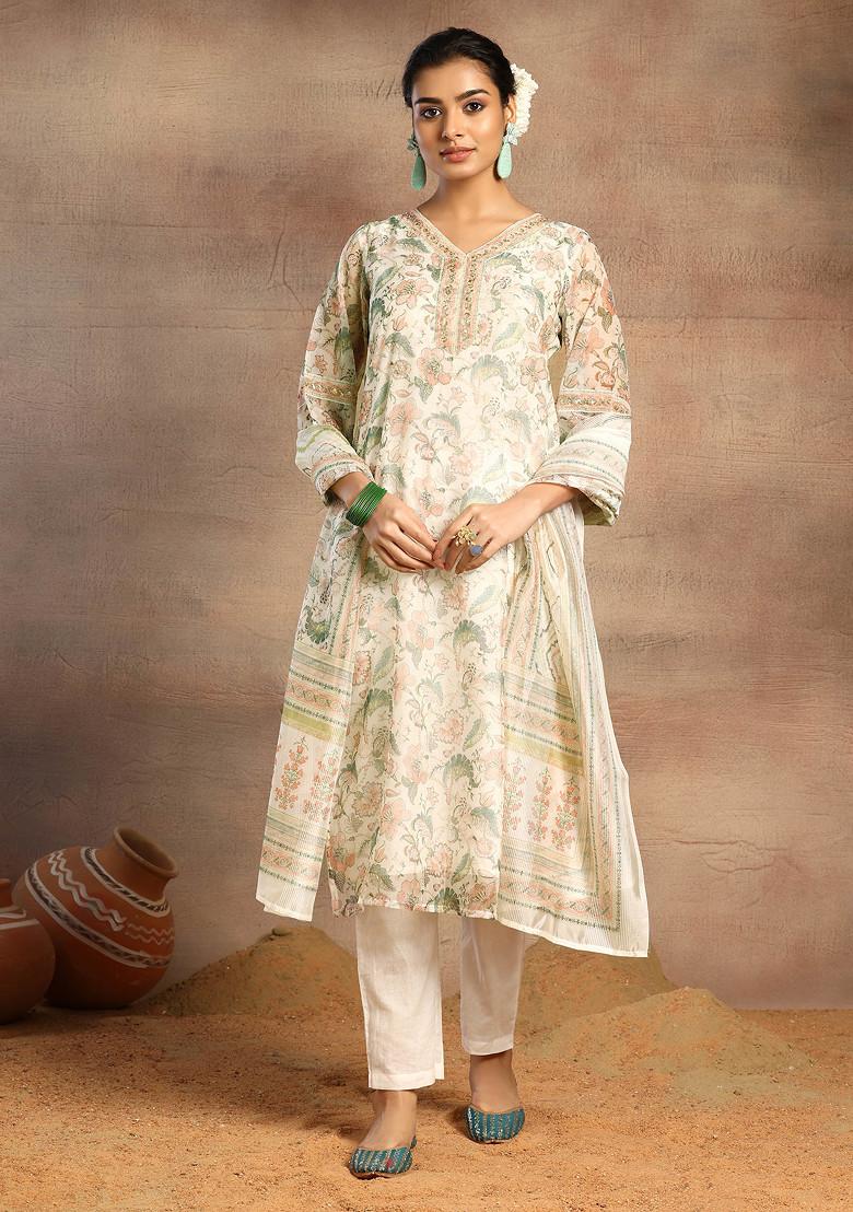 Ivory Floral Print Organza Kurta With Pants And Dupatta (Set of 3)