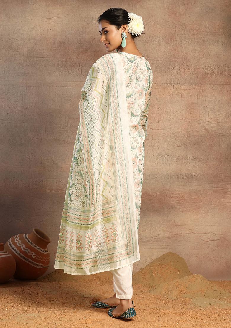 Ivory Floral Print Organza Kurta With Pants And Dupatta (Set of 3)