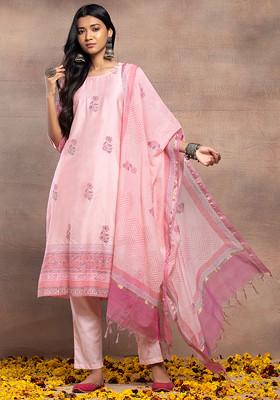 Pink Block Print Cotton Straight Kurta With Pants And Dupatta (Set of 3)