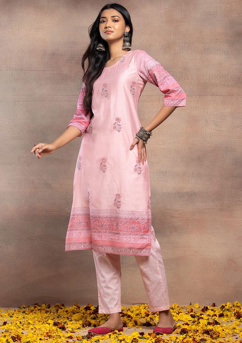 Pink Block Print Cotton Straight Kurta With Pants And Dupatta (Set of 3)