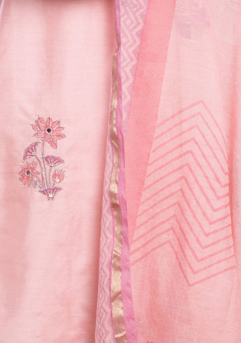 Pink Block Print Cotton Straight Kurta With Pants And Dupatta (Set of 3)