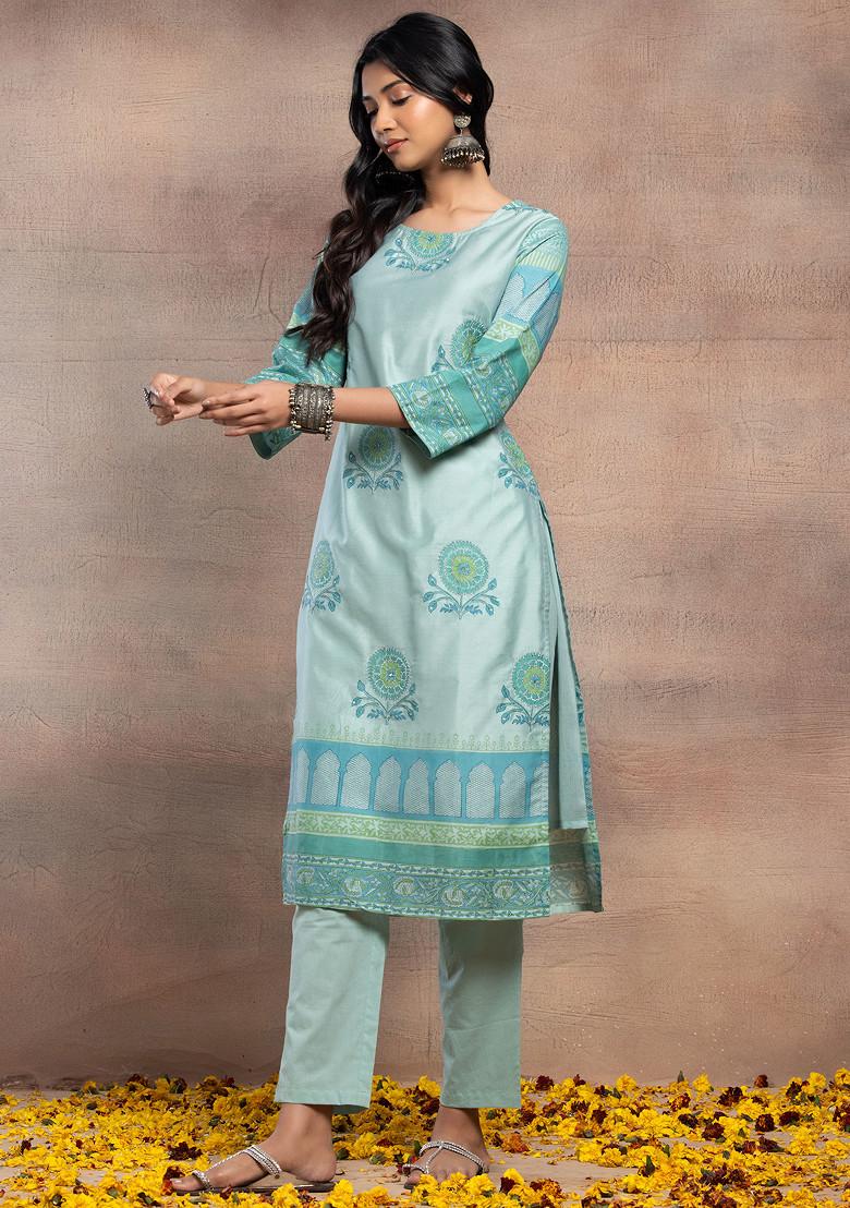 Green Block Print Cotton Straight Kurta With Pants And Dupatta (Set of 3)