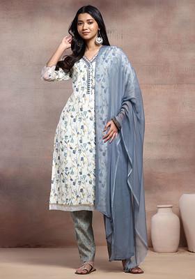 Ivory Floral Print Chanderi Kurta With Pants And Contrast Dupatta (Set of 3)