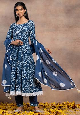 Indigo Blue Paisley Print Anarkali Kurta With Pants And Dupatta (Set of 3)