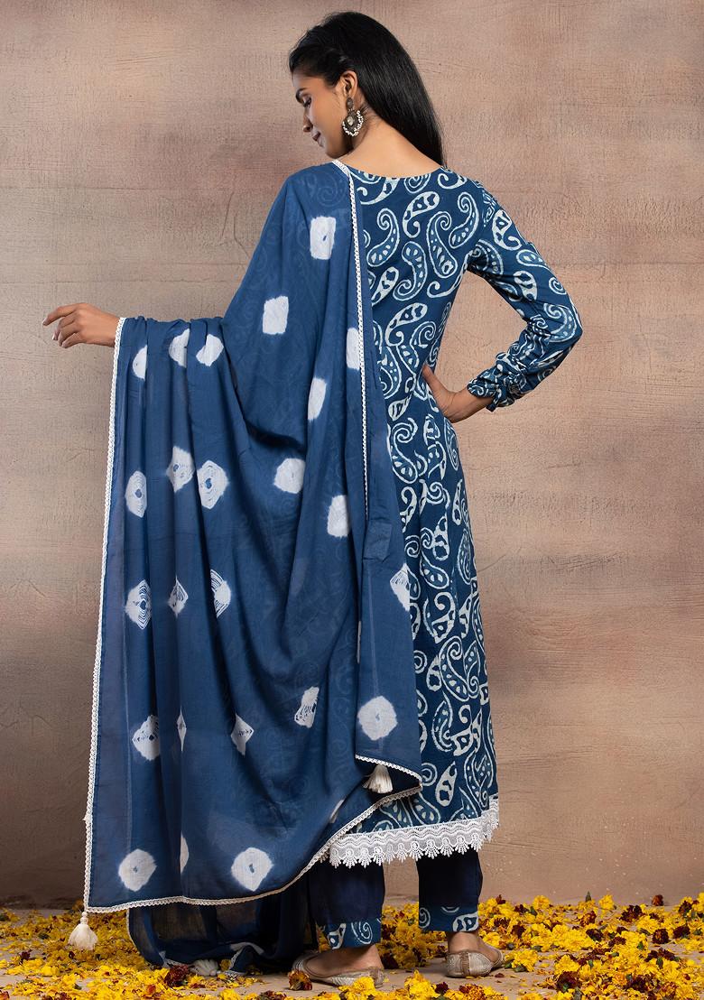 Indigo Blue Paisley Print Anarkali Kurta With Pants And Dupatta (Set of 3)