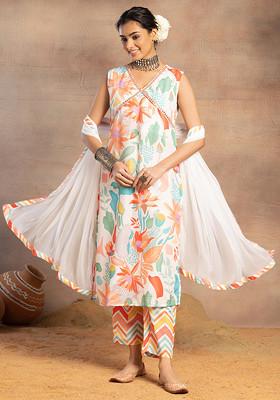 Ivory Tropical Print Muslin Kurta With Palazzo And Dupatta (Set of 3)