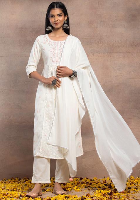 Ivory And Pink Thread Embroidered A-Line Kurta With Pants And Dupatta (Set of 3)