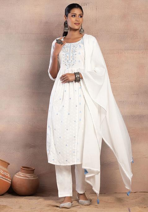 Ivory And Blue Thread Embroidered A-Line Kurta With Pants And Dupatta (Set of 3)