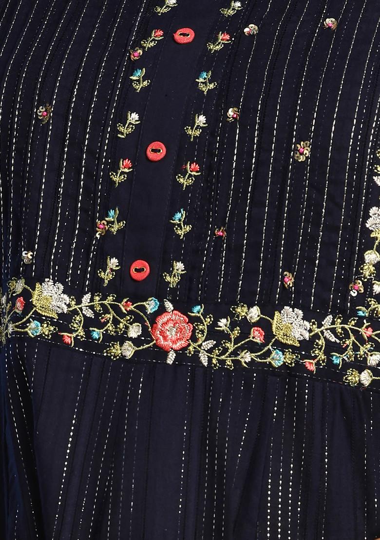 Navy Blue Embroidered Schiffli Anarkali Kurta With Pants And Dupatta (Set of 3)