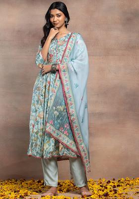 Blue Floral Print Chanderi Anarkali Kurta With Pants And Dupatta (Set of 3)