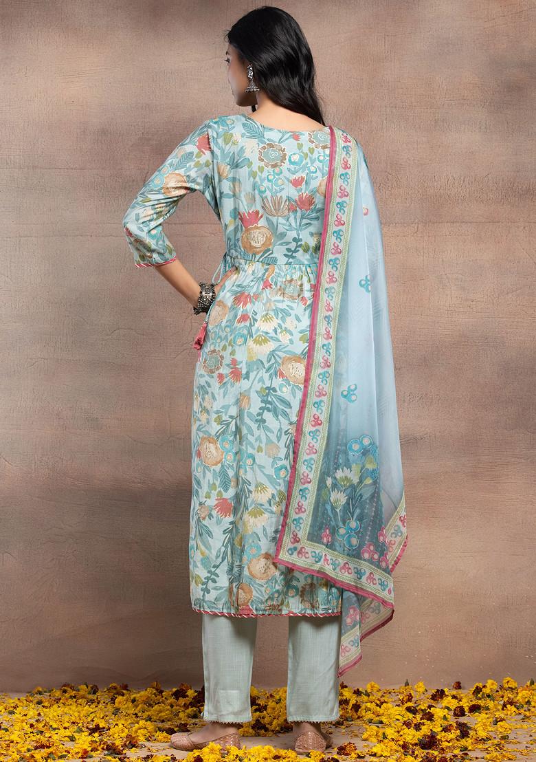 Blue Floral Print Chanderi Anarkali Kurta With Pants And Dupatta (Set of 3)