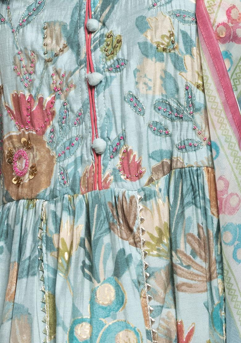 Blue Floral Print Chanderi Anarkali Kurta With Pants And Dupatta (Set of 3)