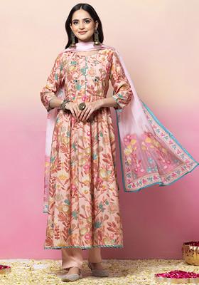 Pink Botanical Print Muslin Anarkali Kurta With Pants And Dupatta (Set of 3)