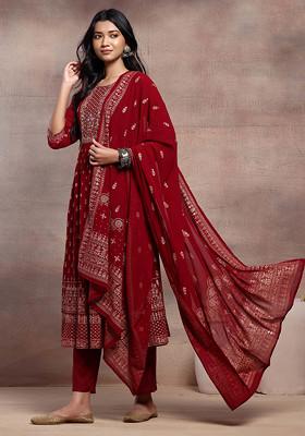 Maroon Mughal Boota Print Anarkali Kurta With Pants And Dupatta (Set of 3)