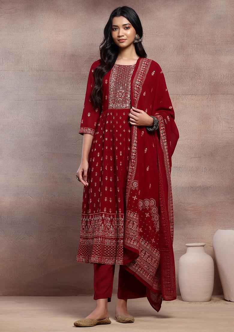 Maroon Mughal Boota Print Anarkali Kurta With Pants And Dupatta (Set of 3)