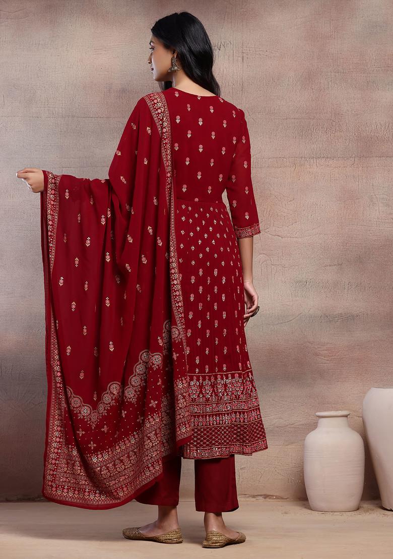 Maroon Mughal Boota Print Anarkali Kurta With Pants And Dupatta (Set of 3)