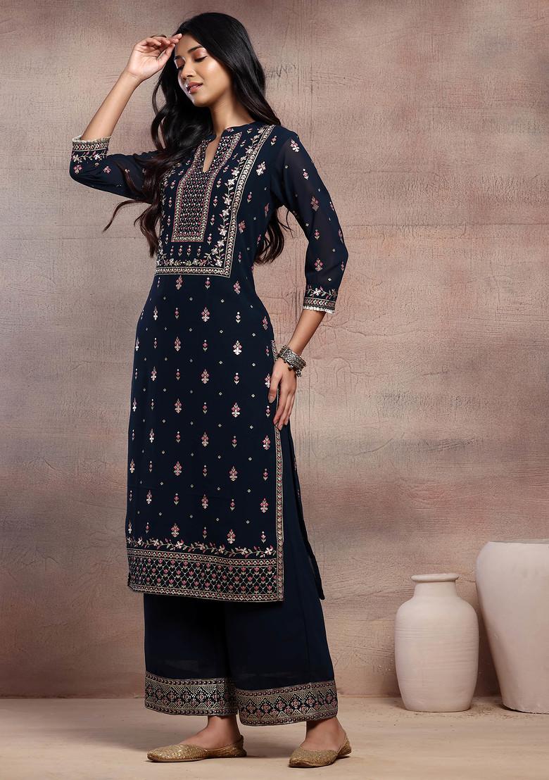 Navy Blue Mughal Boota Print Anarkali Kurta With Pants And Dupatta (Set of 3)
