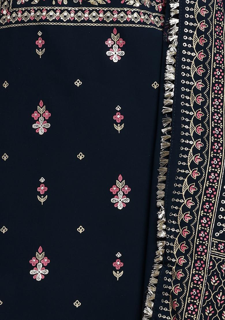 Navy Blue Mughal Boota Print Anarkali Kurta With Pants And Dupatta (Set of 3)