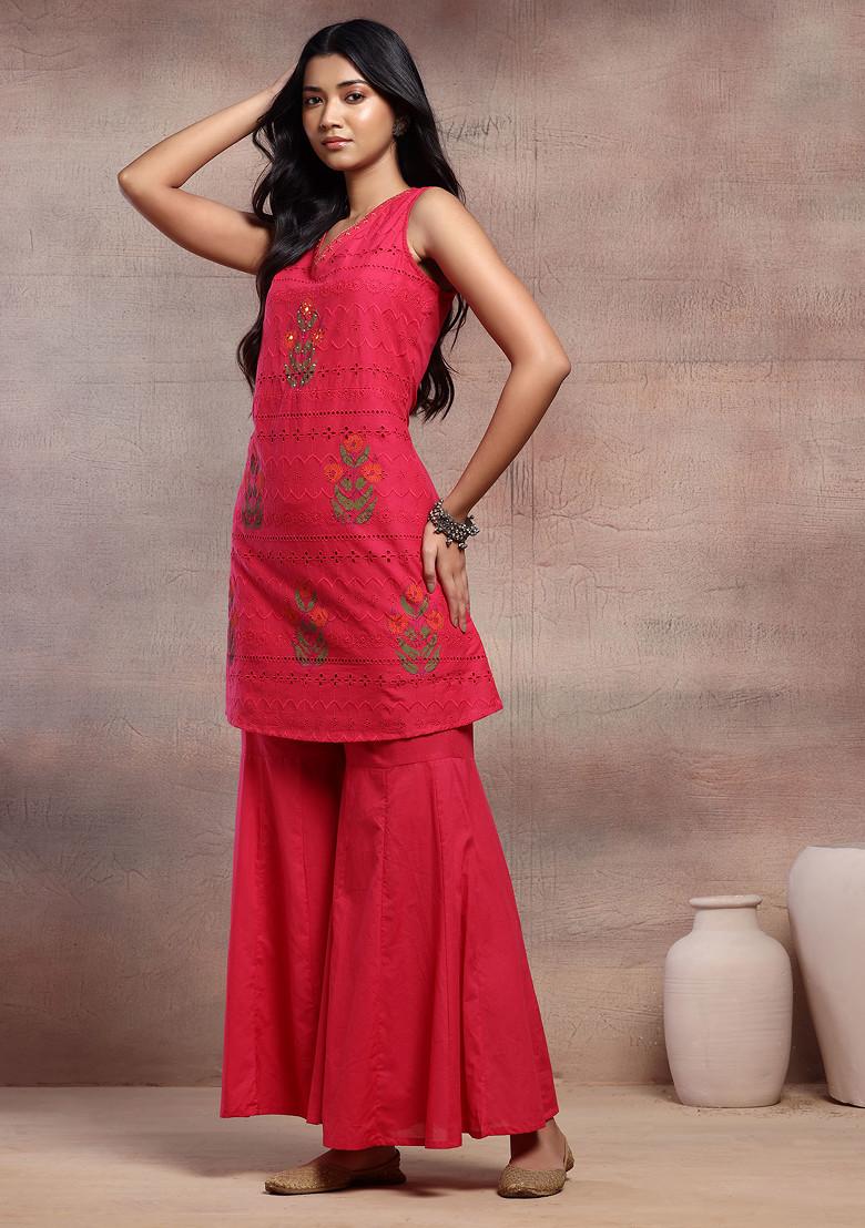 Pink Mughal Block Print Schiffli Cotton Kurta With Palazzo And Dupatta (Set of 3)