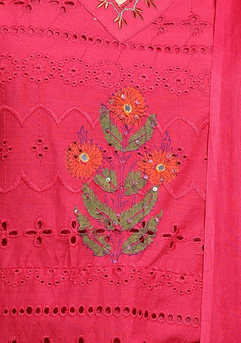 Pink Mughal Block Print Schiffli Cotton Kurta With Palazzo And Dupatta (Set of 3)