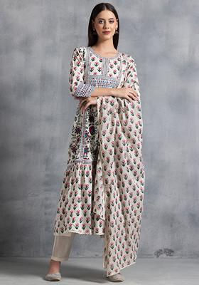 White Floral Print Cotton Tiered Kurta With Pants And Dupatta (Set of 3)
