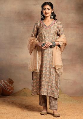 Green Abstract Floral Print Kurta With Pants And Organza Dupatta (Set of 3)