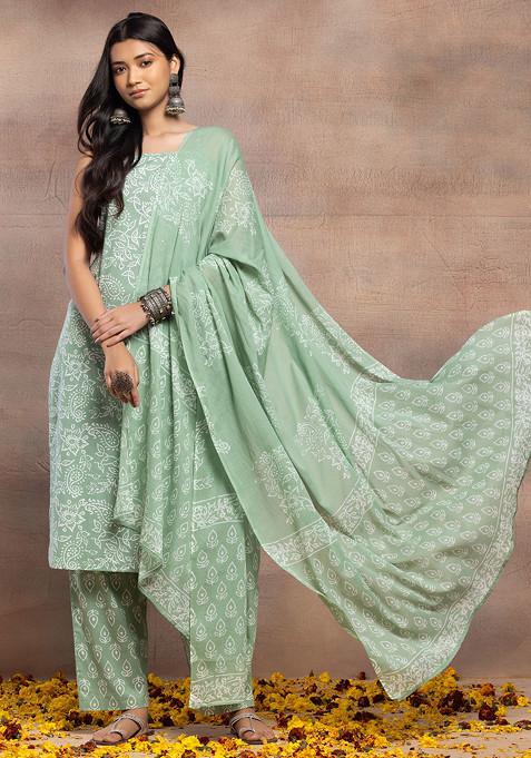 Green Printed Strappy Cotton Kurta With Pants And Dupatta (Set of 3)