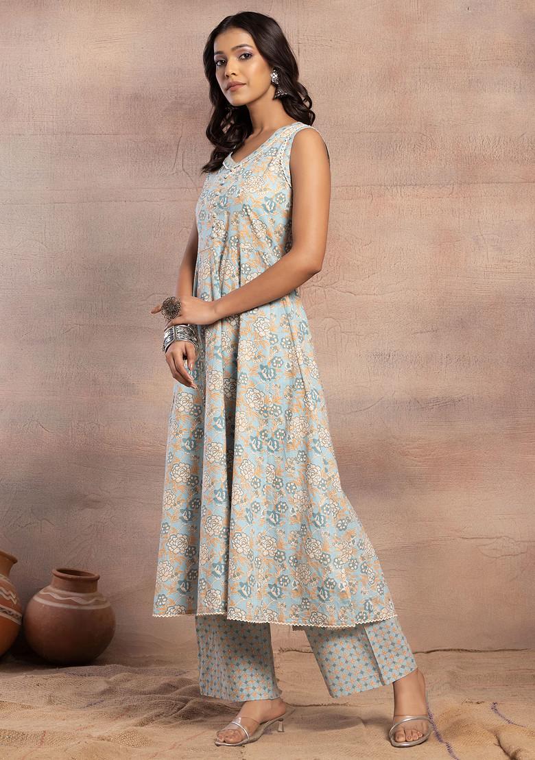 Light Blue Floral Print Sleeveless Cotton Kurta With Pants And Dupatta (Set of 3)