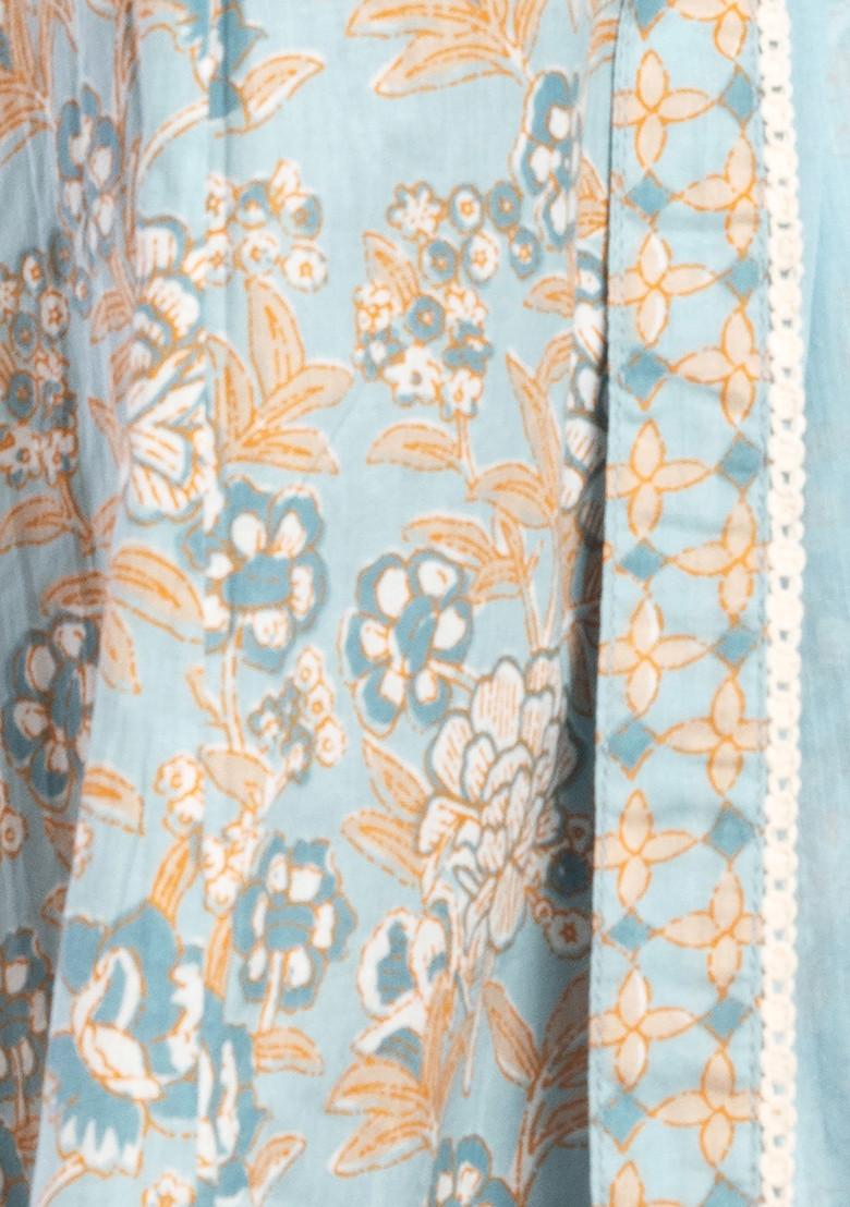 Light Blue Floral Print Sleeveless Cotton Kurta With Pants And Dupatta (Set of 3)