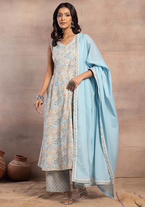 Light Blue Floral Print Sleeveless Cotton Kurta With Pants And Dupatta (Set of 3)