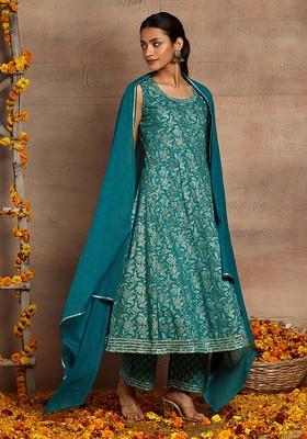 Blue Floral Block Print Anarkali Kurta With Pants And Dupatta (Set of 3)