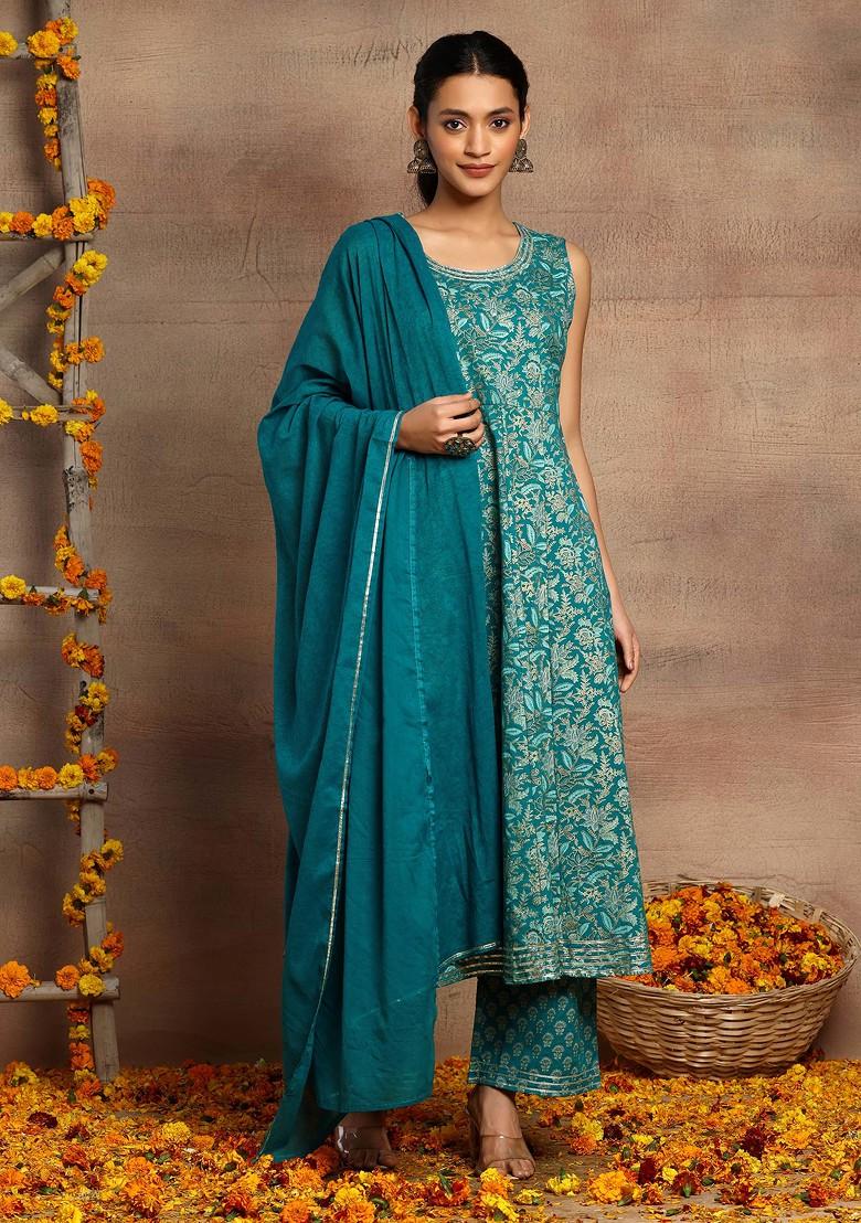 Blue Floral Block Print Anarkali Kurta With Pants And Dupatta (Set of 3)