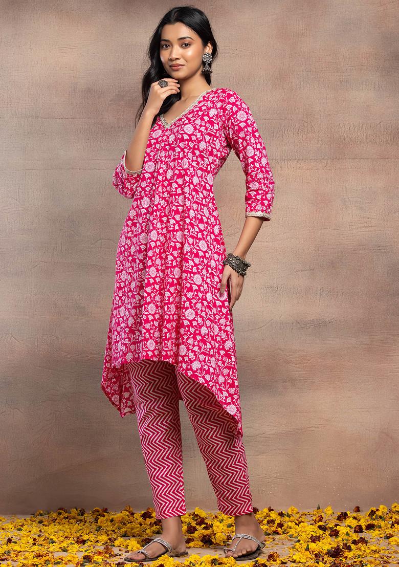Pink Floral Print Rayon Kurta With Printed Pants And Dupatta (Set of 3)