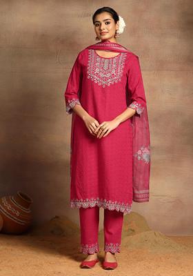 Red Embroidered Schiffli Cotton Kurta With Pants And Dupatta (Set of 3)