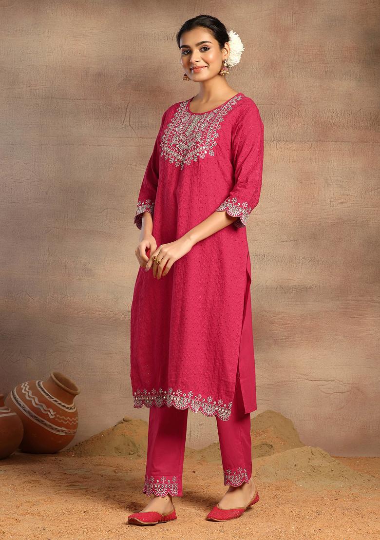 Red Embroidered Schiffli Cotton Kurta With Pants And Dupatta (Set of 3)