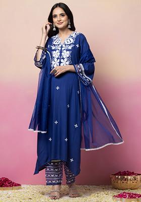 Dark Blue Thread Embroidered Kurta With Pants And Organza Dupatta (Set of 3)