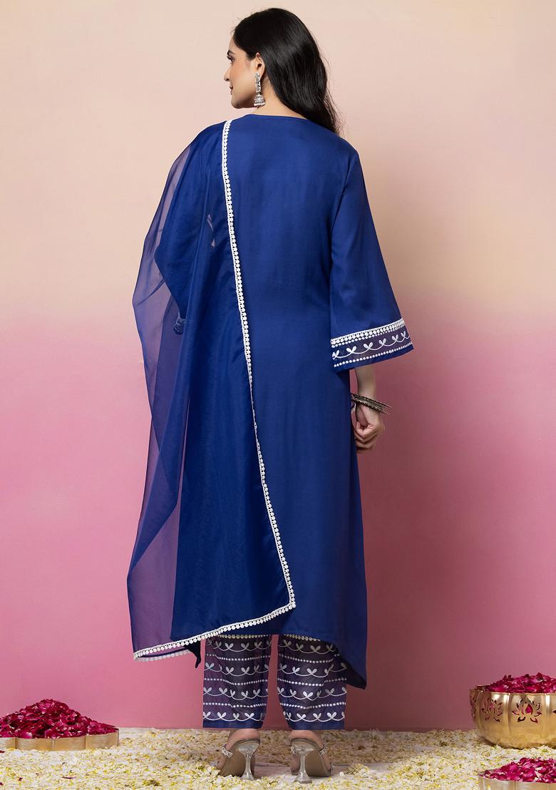 Dark Blue Thread Embroidered Kurta With Pants And Organza Dupatta (Set of 3)