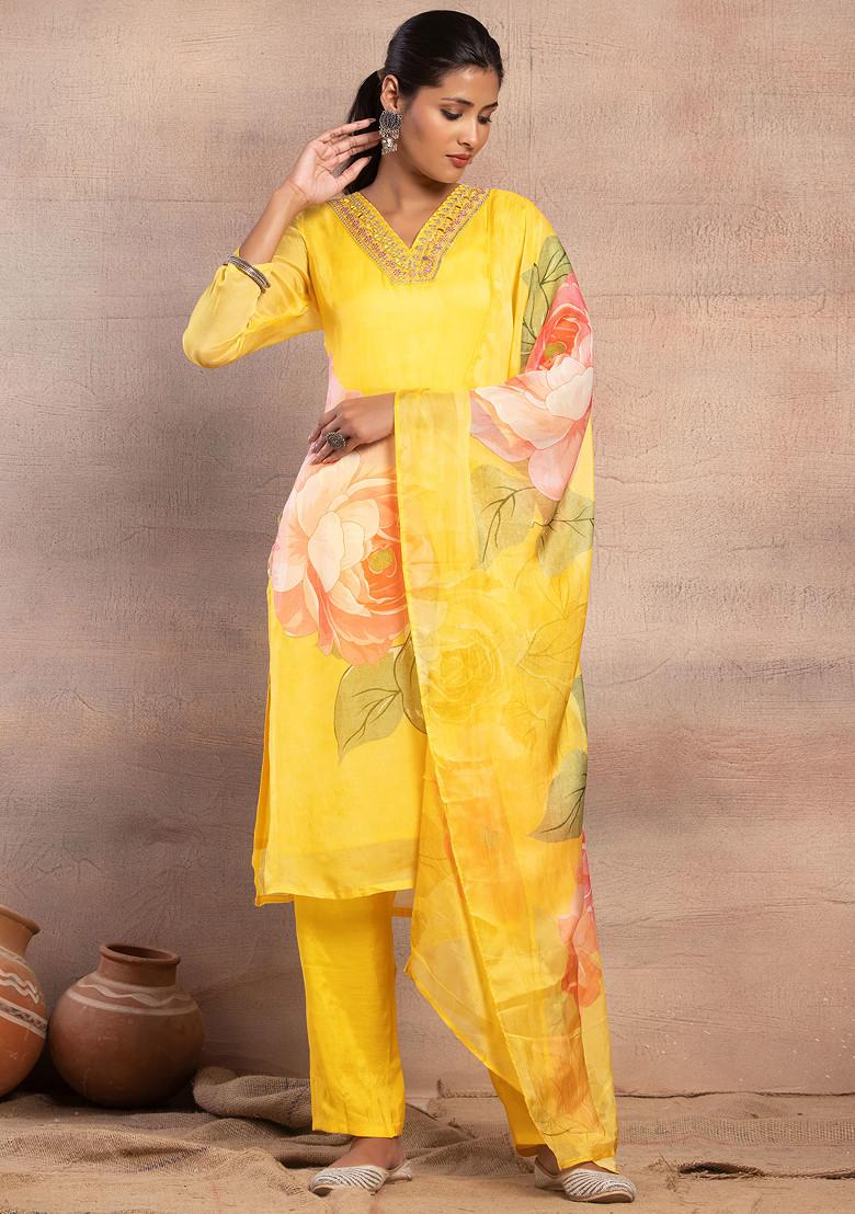 Yellow Floral Print Organza Kurta With Pants And Dupatta (Set of 3)