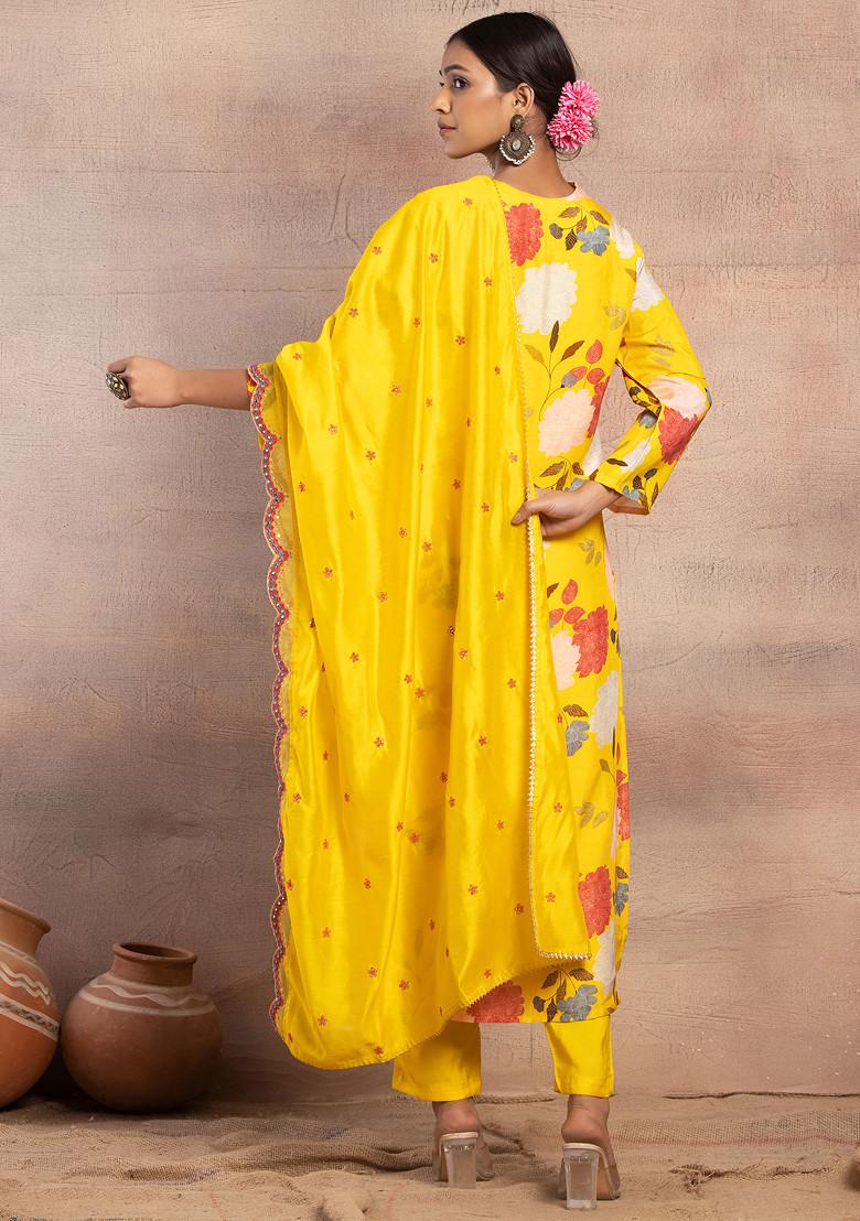 Yellow Floral Print Embroidered Muslin Kurta With Pants And Dupatta (Set of 3)
