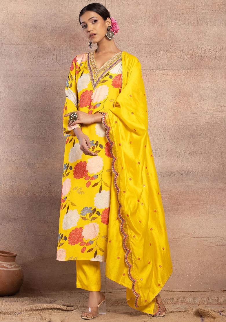 Yellow Floral Print Embroidered Muslin Kurta With Pants And Dupatta (Set of 3)