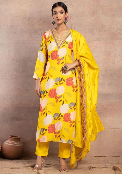 Yellow Floral Print Embroidered Muslin Kurta With Pants And Dupatta (Set of 3)