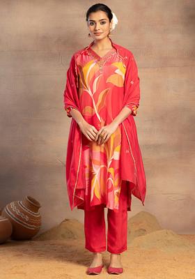 Pink Botanical Print Muslin Kurta With Pants And Dupatta (Set of 3)