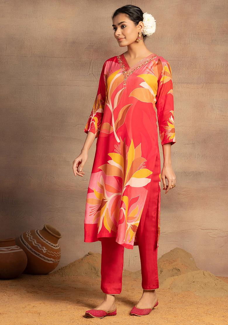 Pink Botanical Print Muslin Kurta With Pants And Dupatta (Set of 3)